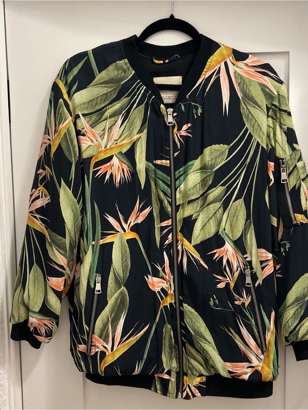Zara Black Bomber Jacket with Green & Peach Floral Print